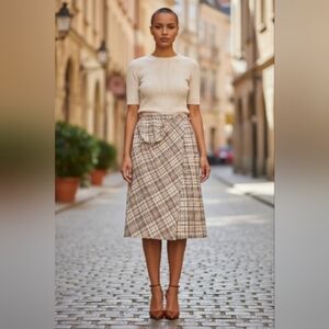 Max Studio Beige and Brown Plaid A-Line Skirt